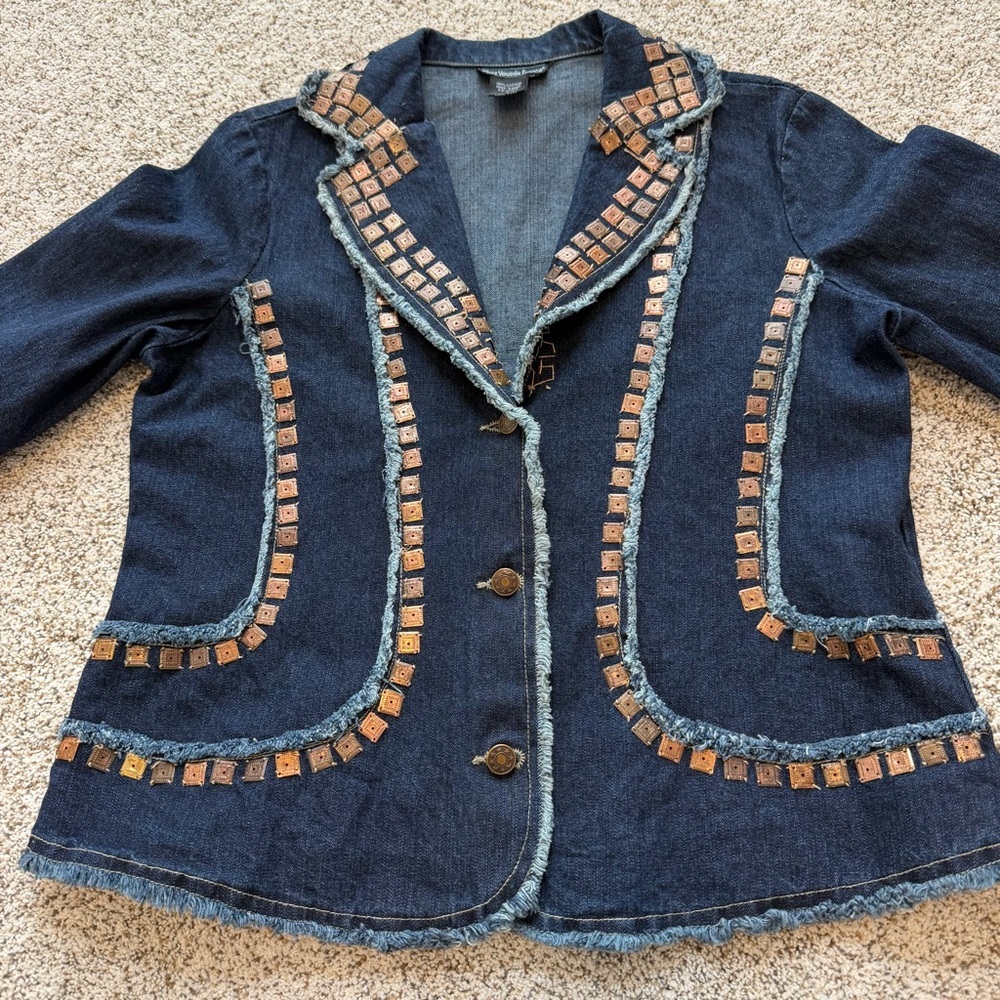 Vintage Style Studded Denim Jacket Chez Vouzde France Boho Western Large - Picture 2 of 12